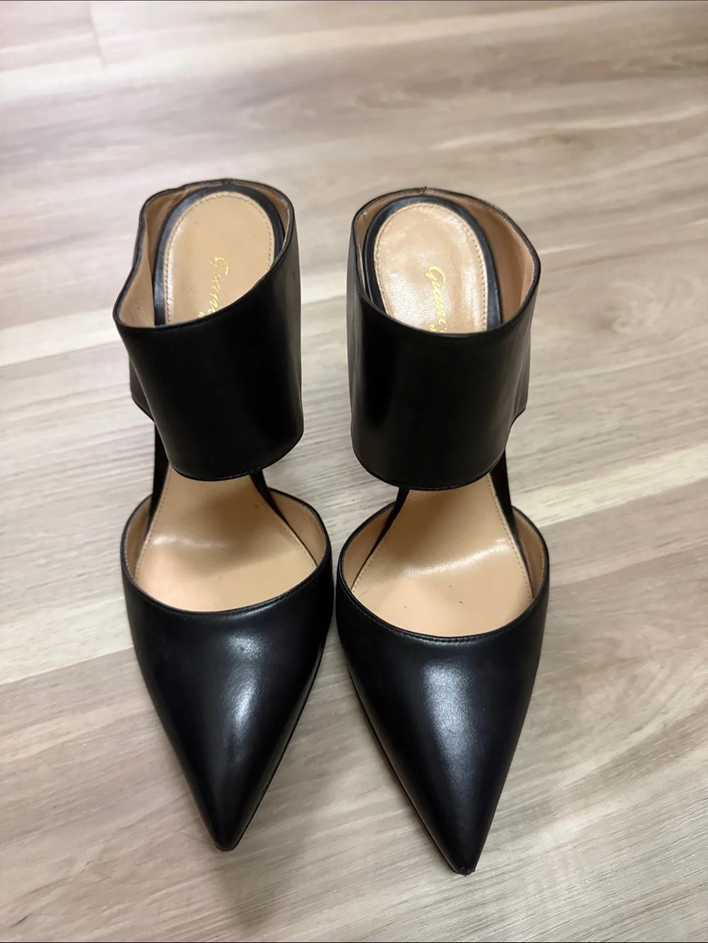 Gianvito Rossi Black Pointed Leather Ankle-Cuff Pumps